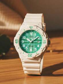 Casio 女士清新薄荷绿运动手表，白色树脂表带，蓝绿色格纹表盘，可爱夏季女孩腕表 LRW-200H-3C - 白色 - 查看 3