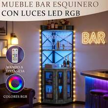 Muebles de cocina, vinoteca con luces LED, barra de bar para el hogar, con toma de corriente, botellero de cinco niveles para copas de vino, mueble de almacenaje, ideal para comedores, salas de estar y despachos - Gris - Ver 5