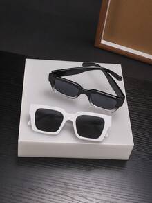 2 PCS Men's Polycarbonate Black Square Frame Round,Oval Solid Color Fashion Glasses For Outdoor Vacation With Glasses Box - Multicolor - View 5