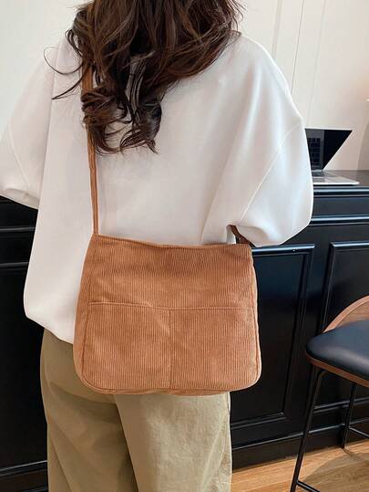 1pc Women's Solid Color Embroidered Soft Striped Large Capacity Zipper Closure Shoulder Crossbody Bag, Essential For Shopping And Travel