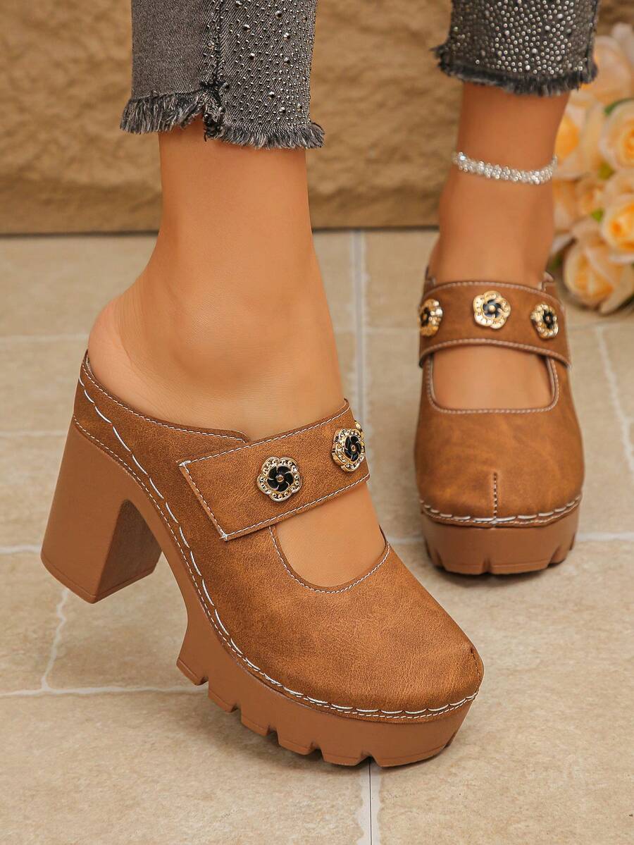 Ladies' Floral Buckle, Thick Soled High-Heeled Sandals, Brown Sandals, High-Heeled Slippers Heel Sandals, Platform Heels, Retro Style, Party Wear