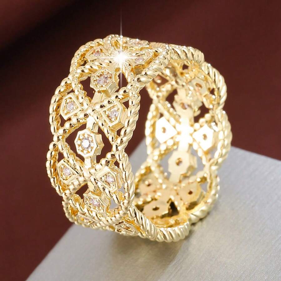 1pc Geometric Hollow Floral Arrangement Design Cubic Zirconia Inlaid Fashion Ring For Women - Multicolor - View 1