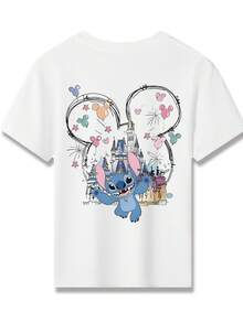 Disney Stitch With Mickey Mouse Ears And Castle Double-Sided Printed Pattern T-Shirts For Girls - Children's Clothing Design Short-Sleeved Casual And Cute Style Comfortable And Casual Wear All Year Round Suitable For Parties And Play Machine Washable Gift Children's Clothing Girls' Short-Sleeved Shirts - 白色 - 查看 3