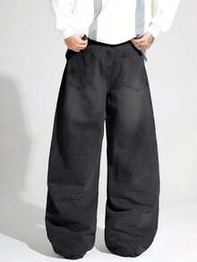 1pc Casual Loose Fit Straight Leg Jeans, Unisex Couple Style - Đen 2 - Xem 8