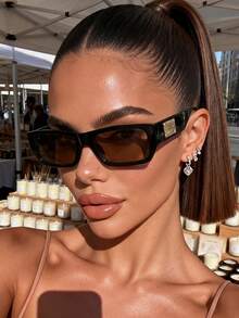 1 Pair Brown Rectangular Frame Fashion Glasses, Suitable For Summer Beach Vacation And Back-To-School Academic Style - Brown - View 5