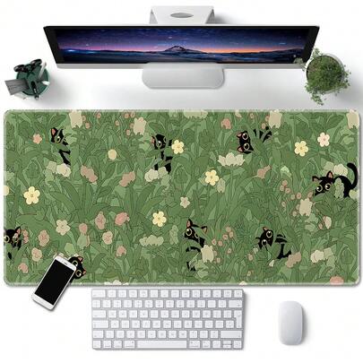 Tapete de Mouse de Escrivaninha com Padrão Floral de Planta Verde e Gato Fofo Grande, com Borda Costurada, Superfície Texturizada de Microfibra, Base de Borracha Antiderrapante, Adequado para Escritório, Casa, Jogos