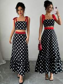 Black & White Polka Dot Woven Poplin Set – 2pcs Crop Top + Maxi Skirt, Red Bow Shoulder Straps & Waistband, Square Neck, Tied Back, Tiered Ruffle Hem, Fitted Silhouette, Lightweight Breathable Fabric – Perfect For Summer Parties, Date Nights & Beach Vacations – Retro, Feminine & Eye - Catching - Black - View 11
