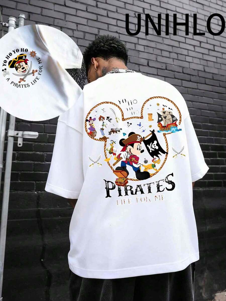 Disney UNIHLO  Street Life Men's Casual Loose   Mickey  Cartoon  Print Short Sleeve T-ShirtSummer - trắng - Xem 1