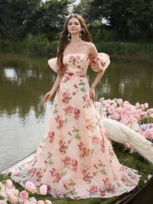 Faeriesty Đầm maxi in hoa thanh lịch, hở vai, tay phồng, lưng hở có dây buộc, nhiều lớp voan, thích hợp cho chụp ảnh cưới, ảnh chân dung lãng mạn bên hồ, các buổi lễ theo chủ đề hoa và tiệc cưới ngoài trời, kỳ nghỉ xuân. - Màu Hồng  San hô - Xem 3