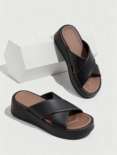 女士新款时尚春夏秋季露趾坡跟凉鞋，时尚交叉绑带，轻便舒适，防滑，适合海滩、居家穿着