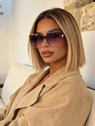 女士无框太阳镜，优雅休闲方形大框时尚眼镜，经典设计，适合户外旅行、海滩度假和日常佩戴，夏季防紫外线太阳镜