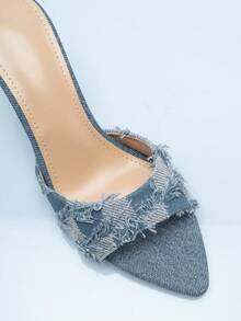 Rollcall 女式高跟尖頭豹紋皮面簍空拖鞋，夏日派對時尚鞋款 - 藍色 - 查看 5