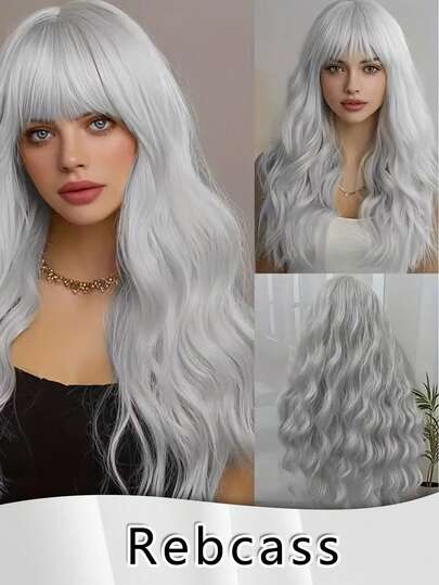 28 Inch Women'S Purple Body Wave Synthetic Wigs With Bangs, Long Curly Hair, Elegant Style, Rose Cap,Heat Resistant Fiber, For Cosplay Music Festival, Daily Use - All Ethnicities Reddish Brown /Light Red /Gray Curly Wigs Long Curly Wavy Synthetic Body Wave Wigs With Bangs For Daily Costume Party Cosplay Use Daily Use, Family Gatherings,Festivals, Parties,Valentine's Day High-Quality Women's Natural And Beautiful Synthetic Soft Fake Fiber Hair