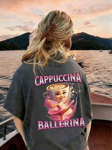 Camiseta de cuello redondo de manga corta con estampado gráfico informal para niñas preadolescentes, top de verano - Gris Oscuro - Ver 4