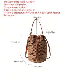 Women's Vacation Bohemian Style Drawstring Straw Bucket Tote Shoulder Bag , Bohemian Outfit For Women , Summer, Holiday - Khaki - View 2