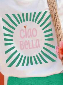 Top da donna ampio, stile retrò, stampato con un motivo a raggiera e la scritta "Ciao Bella", maniche corte casual e scollo rotondo. - Bianco - Visualizzare 4