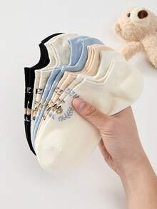 5 Pairs Women's Cute Cartoon Bear Pattern Casual Ankle Socks, Suitable For Daily Wear, All Seasons - Multicolor - View 6