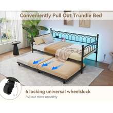 Sofá Cama Individual con rodar, Marco de Metal para sofá Cama con estación de Carga y Luces LED, Listones de Acero Resistente, diseño de Plataforma de Soporte, fácil Montaje, Ahorro de Espacio, para - Negro - Ver 6