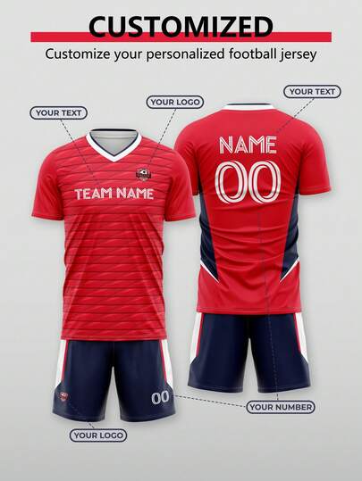 2PCS Customize The 2026 World Cup Red Striped Football Sports Outfit Set. The Soccer Sports Outfit Can Be Personalized With The Name, Number, Team Name And Team Emblem (Front/Back), Suitable For Football Training, Matches And Team Sports, Watching Football Matches, And Participating In Various Sports Activities.