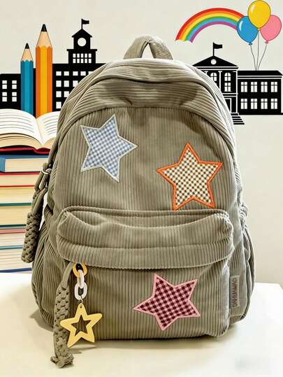 Mochila escolar de pana con estrellas, mochila para mujer, ligera y portátil, gran capacidad, diseño de parches de cuadros coloridos, estilo informal y juvenil, regalo de San Valentín, ideal para adolescentes, mujeres universitarias, estudiantes de secundaria y prepa, perfecta para universidad, viajes, exteriores, salidas diarias y uso escolar