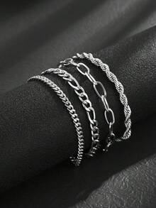 4件套朋克极简几何粗链手链套装，男士日常佩戴，珠宝礼品 - 銀色 - 查看 5