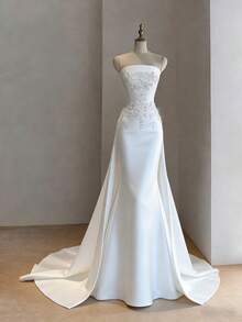 Chic Strapless A-Line Wedding Dress With Backless Design In Satin – Sophisticated Floor-Length Bridal Gown Featuring A Flattering Corset Bustier, Daring Rear Cutout, And Lustrous Satin Silhouette, Perfect For Weddings, Christmas Galas, Halloween Balls, Formal Dances, Birthday Celebrations, And Special Evening Events. A Versatile Choice For Wedding Receptions, Holiday Parties, Anniversary Dinners, Luxury Getaways, Black-Tie Occasions, Cocktail Gatherings, Bridal Showers, Wedding Guest Attire, Graduation Formals, Homecoming Events, And As A Modern Bridesmaid Or Festive Evening Gown. - 白色 - 查看 1