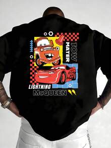 Disney Authorized Lightning McQueen Shirt, Retro Car Movie T-Shirt, Pixar Need For Speed T-Shirt, Streetwear, 220g Pure Cotton Disney Printed Round Neck Short Sleeved T-Shirt, Unisex T-Shirt, Disney Family Travel Vacation Gift Shirt, Racing Enthusiast, Comfortable T-Shirt - 黑色 - 查看 1
