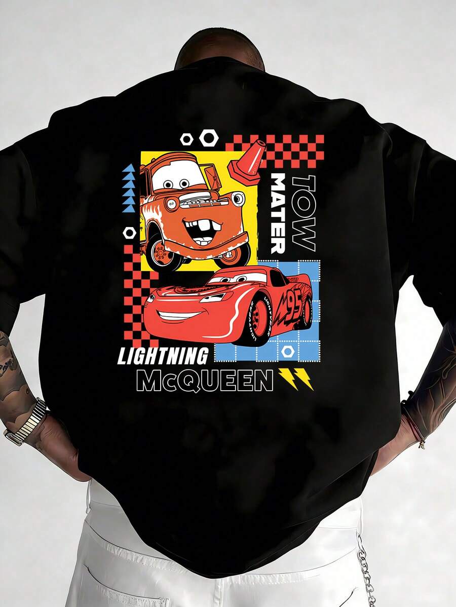 Disney Authorized Lightning McQueen Shirt, Retro Car Movie T-Shirt, Pixar Need For Speed T-Shirt, Streetwear, 220g Pure Cotton Disney Printed Round Neck Short Sleeved T-Shirt, Unisex T-Shirt, Disney Family Travel Vacation Gift Shirt, Racing Enthusiast, Comfortable T-Shirt - 黑色 - 查看 1