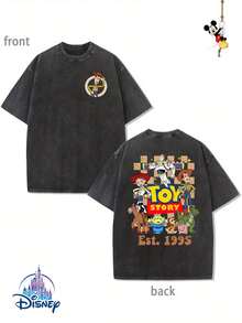 "Disney Authorized" Toy Story 1995 Family Double-Sided Printing, Genuine Authorization 1 Fashion Cartoon Short-Sleeved Design, Cartoon Short-Sleeved, Men's Cotton Washed T-Shirt. Soft And Breathable, It Can Be Used As A Gift For Disney Lovers. - màu đen - Xem 1