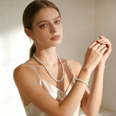 1 Necklace + 1 Bracelet Set, Fashionable Faux Pearl Beaded Jewelry Set For Women