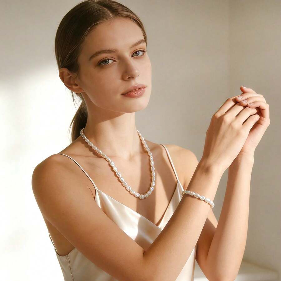 1 Necklace + 1 Bracelet Set, Fashionable Faux Pearl Beaded Jewelry Set For Women - A - View 1