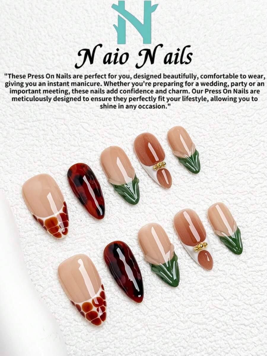 NAIO 10片/套 春夏手工按压式美甲贴片，短杏仁形甲片，Y2K 酷炫风格，棕色、黑色、绿色和白色可选，法式边缘，饰以豹纹、蛇纹图案和金色珠饰配件，凝胶美甲贴片，适合女性和女孩，可用于派对、日常佩戴，附赠工具包，是送给女士美甲的绝佳礼物。 - 彩色 - 查看 1