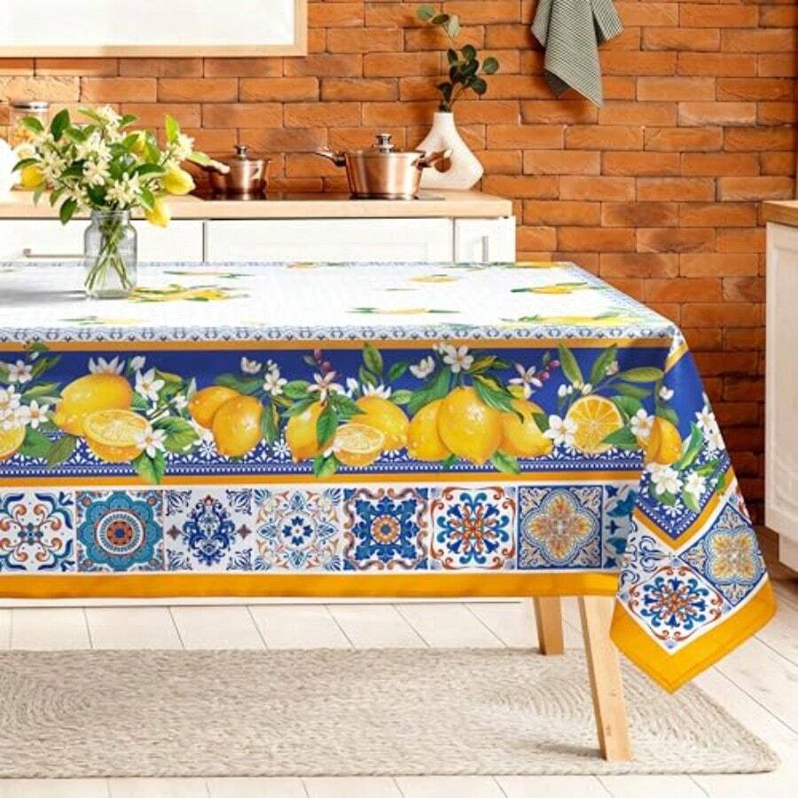 Spring Summer Capri Lemons Table Cloth Rectangle Machine Washable Italian Lemon Tablecloth 152 * 213 Cm Polyester Blue Table Cover For Kitchen Dinner Party Outdoor Decor Dfe - Capri Lemon - View 1