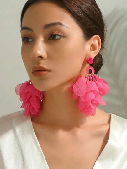 1 Pair Bohemian Handmade Hot Pink Fabric Flower Tassel Earrings For Women Party Prom Beach Vacation Statement Jewelry