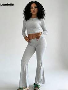 Lumielle Women's Solid Color Round Neck Long Sleeve Cropped T-Shirt And Flare Pants Casual 2-Piece Set - 灰色 - 查看 2