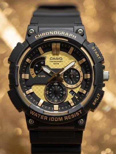 Casio Men's Large Dial Sports Chronograph Watch, Black Resin Strap With Gold-Tone Accents, Industrial Style Durable Watch MCW-200H-9A