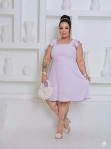 Short Plus Size Dress In Duna Fabric With Ruffle On The Straps And Elastic On The Back, Lined GG G2 - 紫丁香 - 查看 1