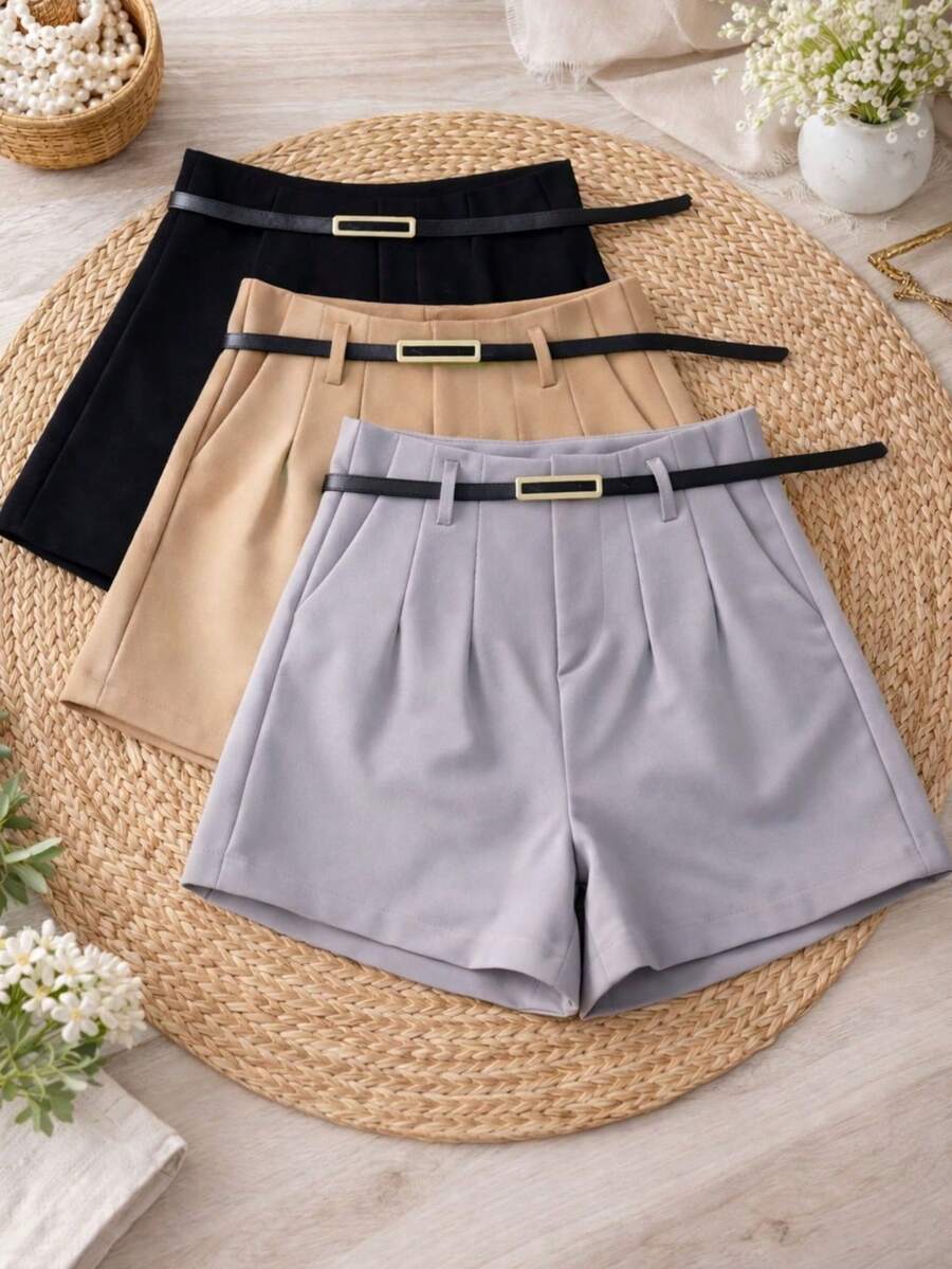 Set Of 3 Elegant Women's Tailored Shorts With Belt 2026 - 黑色\灰色\米色 - 查看 1