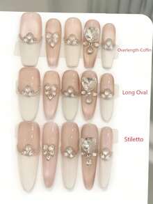 10片手工加长棺材形/椭圆形/尖头美甲贴纸，适合派对和日常佩戴，“心碎”香氛，猫眼效果。10片Y2K风格手工加长棺材形/椭圆形/尖头美甲贴纸，易于佩戴，适合女孩和女士在节日、派对和日常佩戴。 - 淺粉色 - 查看 17