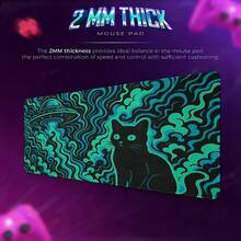 Alfombrilla de ratón para juegos XXL, Alfombrilla de escritorio con gato negro y OVNI, Alfombrilla de ratón alienígena, Líneas de onda verde neón abstractas, Adecuado para jugadores y usuarios - A - Ver 2