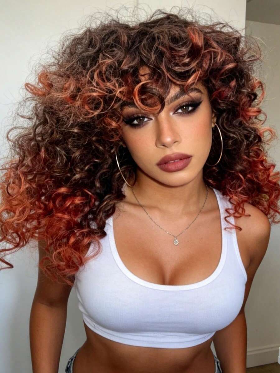 Curly Wigs For Women Long Curly Afro Wig With Bangs For Women Big Bouncy Fluffy Synthetic Fiber Glueless Hair For Cosplay And Daily - 漸層紅色 - 查看 1