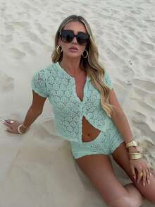 女士夏季度假套装，钩针网纱性感镂空沙滩短袖针织罩衫+短裤两件套 - 女士度假两件套，钩针罩衫夜店装，女士性感修身款 - 薄荷綠 - 查看 5