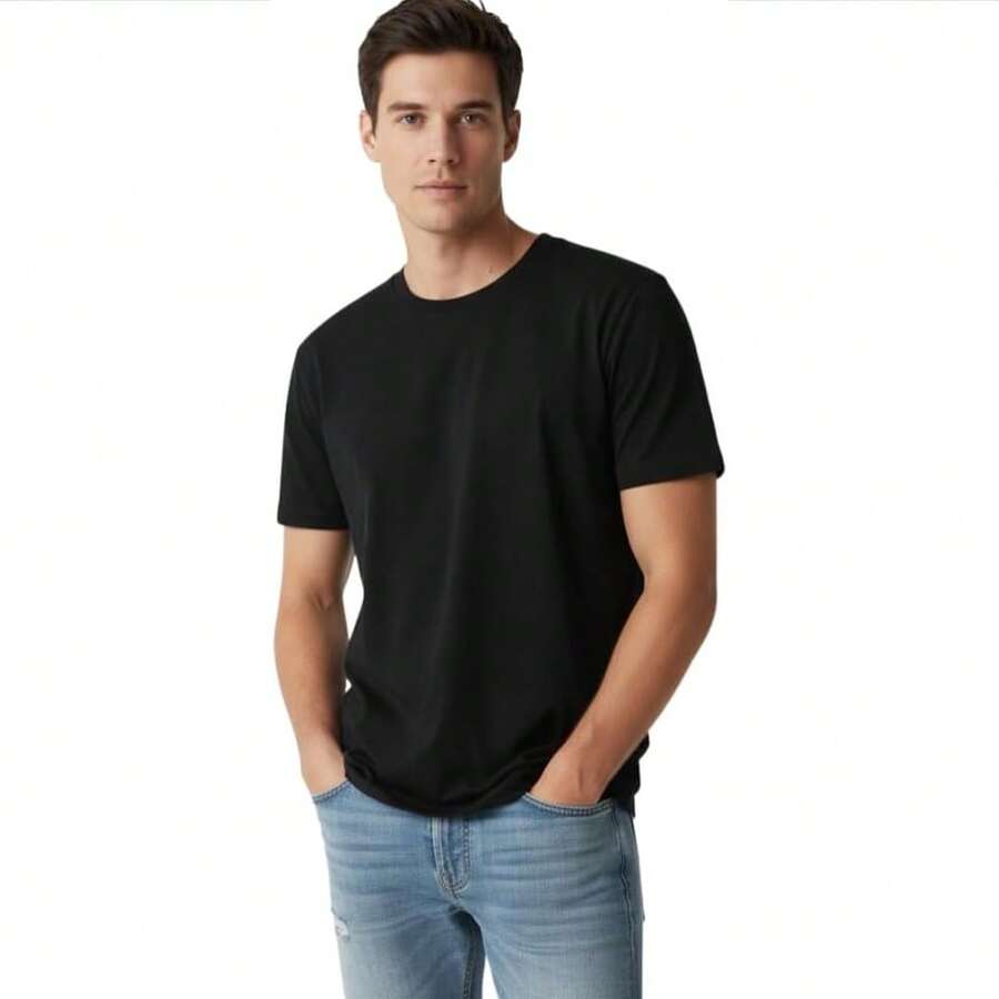Men's 100% Cotton T-Shirt, Round Neck, Soft, High-Quality, Regular Fit Short-Sleeve Comfortable T-Shirt, Machine Washable, A Gift For Relatives, Brothers, Friends, Parents, Or Teachers - 黑色 - 查看 1