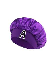 1顶儿童A-Z字母粉色弹力宽檐缎面帽 - 舒适睡眠帽，护发，超柔软透气设计，带防滑内衬 - 紫色 - 查看 4