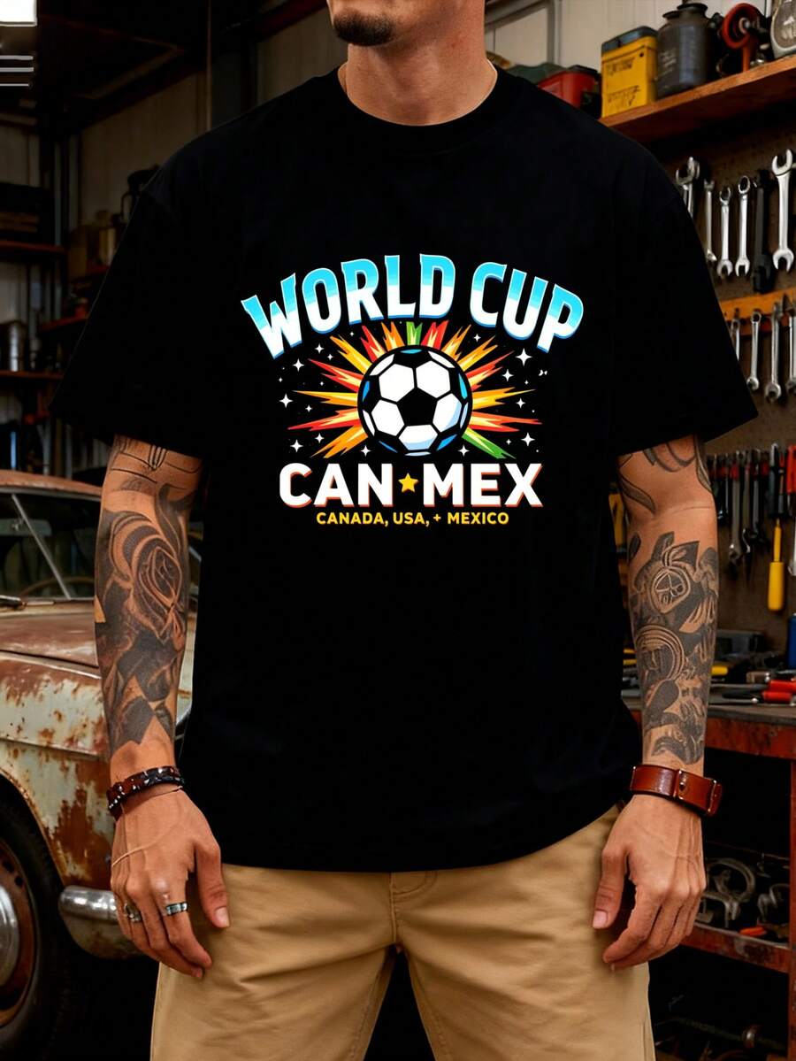Men's Casual Fashion Graphic Tee World Cup Can Mex Soccer Ball T-Shirts For Men   T-Shirts Graphic T-Shirts For Men Vintage Stylish And Unique Prints, Suitable For Parties, Daily Wear, And Casual Occasions Streetwear The Favorite Of Fashionistas - 黑色 - 查看 1