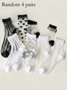 4双装女士黑白系列网眼中筒袜，水晶丝薄款休闲袜，简约风格春夏中筒丝袜 - 黑與白 - 查看 11