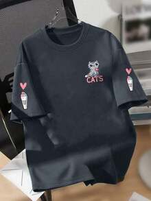 Kaos Lengan Pendek Leher Bulat Motif Kartun Kucing & Hati untuk Anak Perempuan, Atasan Kasual Lembut untuk Musim Panas - Dark Grey - View 2
