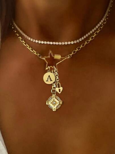 1 pieza Collar con colgante de letra dorada, cadena con colgante de estrella pentagonal y octagonal, cadena de acero inoxidable. Adecuado para el trabajo, uso diario, fiestas, banquetes, bailes y otras ocasiones como un collar de mujer decorativo, único y lujoso.