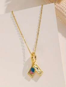 1pc Gold Stainless Steel Chain Cubic Zirconia Square Pendant Necklace, Creative Personalized Design, Luxury Retro Unisex Minimalist Fashion , Suitable For Daily, Commute, Holiday Party Wear (OPP Bag Packaging) - Gold - View 2