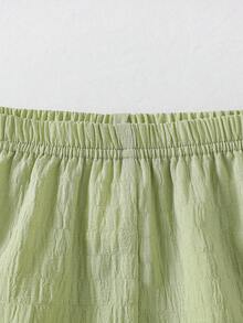Baby Girls' Cute Solid Color Round Neck Sleeveless Ruffled Hem Floral Vest Top And Ruffled Hem Shorts 2-Piece Outfit, Suitable For Spring/Summer Daily Wear - Green - View 9